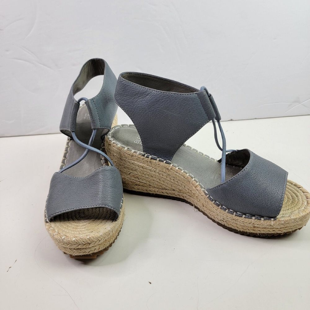 Eileen Fisher Women Sandal size 6 1/2 Blue Leather Whim Espadrille Wedge Women